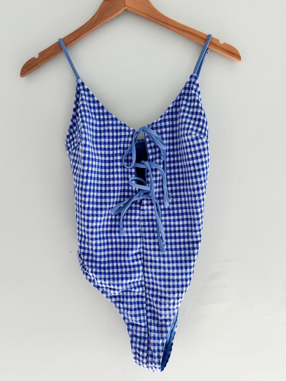 🌼 3/$15 Blue Gingham Lace-Up One-Piece Swimsuit L